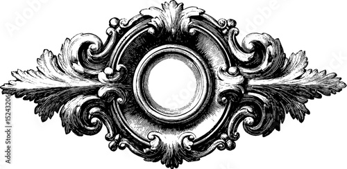 Ornate baroque ceiling medallion engraved illustration for decorative design