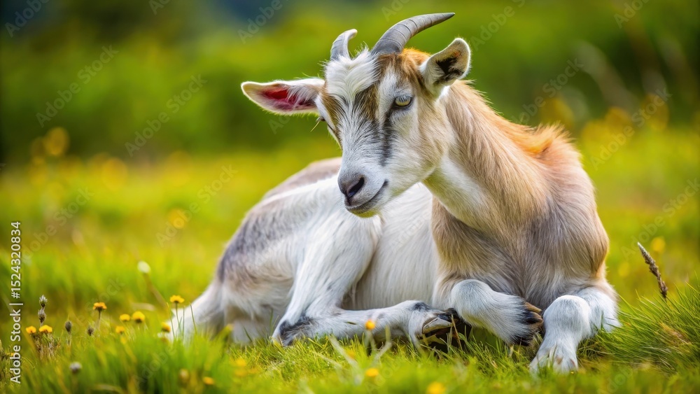 Obraz premium goat scratches leg in pasture, close-up photography, nature scenes, close-up photography