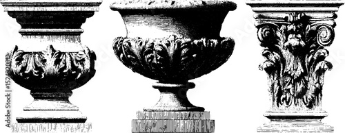 Baroque sculpture set: engraved illustrations of ornate decorative bas reliefs for design