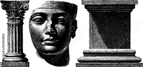 Classical basalt statue head and column engravings for art and design projects