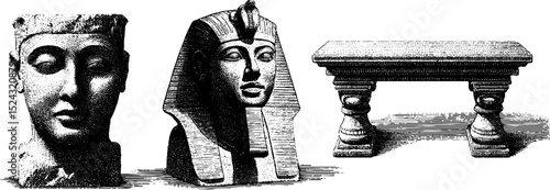 Engraved basalt statue heads and pedestal illustration for artistic design