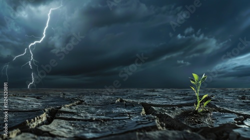 Sprouts emerge from the dry soil as a symbol of hope, resilience and growth in the face of environmental adversity. Balance of nature, renewal, and miraculous persistence and transformation.