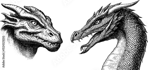 Engraved illustration of basilisk and dragon heads - fantasy creature artwork for print