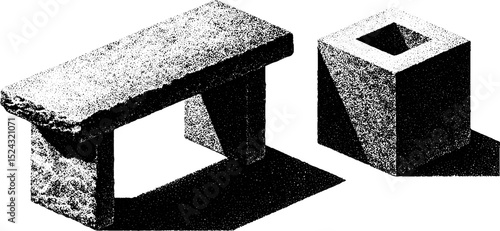 Engraved illustration of bauhaus stone bench and geometric design elements