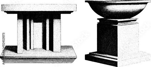 Engraved illustration of bauhaus stone bench design for architectural and artistic exploration