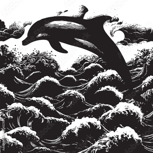 Ocean's Majesty Leaping Dolphin in Dramatic Black and White Illustration