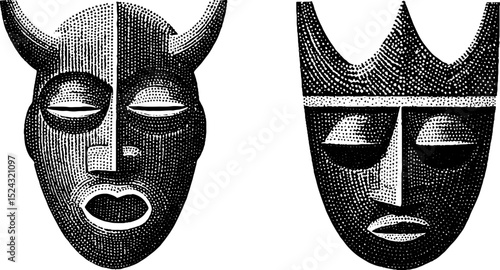 Engraved illustration set of baule ritual ceramic masks for cultural design