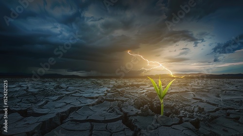 Sprouts emerge from the dry soil as a symbol of hope, resilience and growth in the face of environmental adversity. Balance of nature, renewal, and miraculous persistence and transformation.
