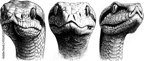 Engraved illustration set of boa constrictor heads for nature design