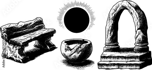 Engraved illustration set featuring broken oracle bench and ancient stone artifacts