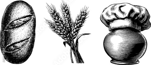 Engraved illustration of bread loaf and wheat grain. Vintage rustic bakery design