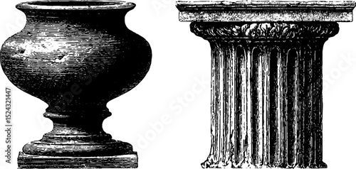 Engraved illustration set of classical broken column and ancient vase design