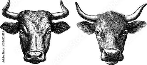 Engraved illustration set of bull and calf heads for vintage design projects