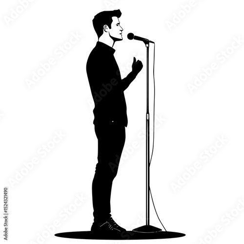 a black silhouette of a man in a suit singing a song on stage with a microphone black, man, microphone, silhouette, sing, singe, singer, song, stage, stand, suit , Generative art.