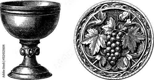 Intricate engraved designs of byzantine chalice with grape motif for historical art study and print