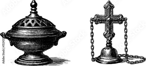 Engraved illustration set of byzantine incense burner and cross