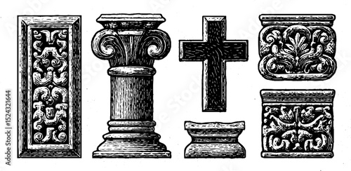 Byzantine iconostasis elements engraving set for religious art and design projects