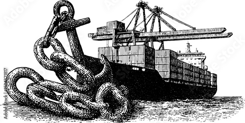 Vintage maritime illustration featuring cargo ship and dock cranes for nautical design concepts