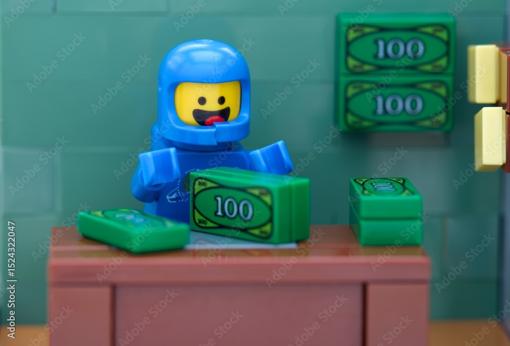 Obraz premium Tambov, Russian Federation - May 26, 2025 Lego Benny cosmonaut minifigure sitting in his office with money. Close-up
