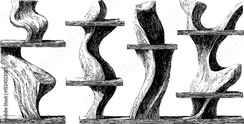 Engraved illustration set of organic ceramic bookshelf design for decor and artistic inspiration