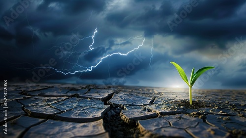 Sprouts emerge from the dry soil as a symbol of hope, resilience and growth in the face of environmental adversity. Balance of nature, renewal, and miraculous persistence and transformation.