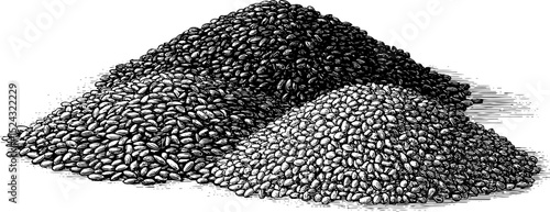 Engraved botanical illustration of chia seeds and poppy for organic design
