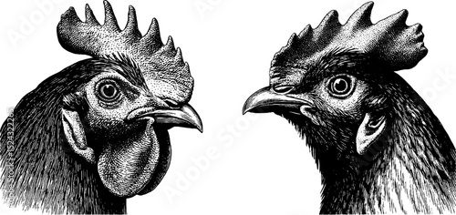 Engraved illustration set featuring chicken head and hen for design projects