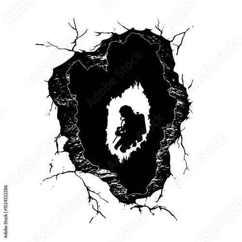 a black and white drawing of a hole in the wall art, black, drawing, hole, silhouette, wall , Generative art.