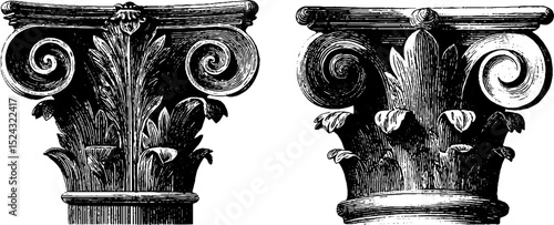Classical corinthian column capitals engraving for architectural design and art projects