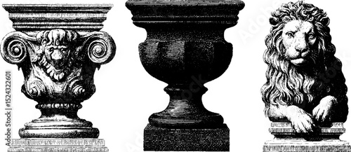 Classical museum pedestal engravings: lion sculpture and ornate columns