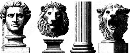 Engraved illustration set of classical busts and architectural columns for historical art design