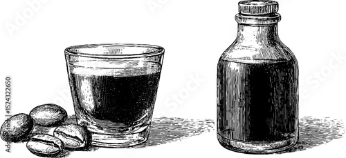 Vintage coffee liqueur bottle and glass engraving - ideal for beverage labels and menu design