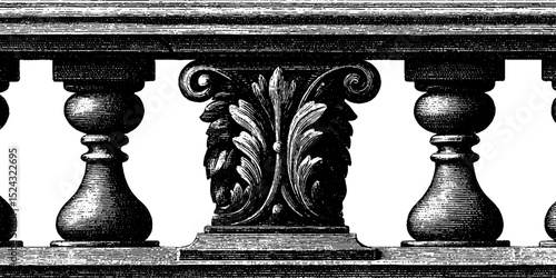 Colonial spanish wood carving engraved illustration set for historical design