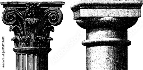 Classical architecture column capitals engraved illustration set for design and education