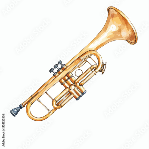 Watercolor Illustration of a Golden Trumpet with Detailed Valves and Bell