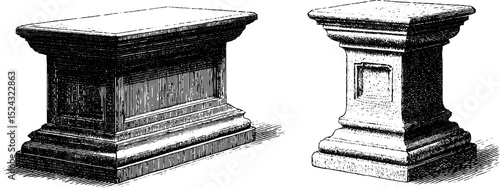 Engraved courtroom floor block illustration set for historical design and art projects