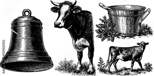 Vintage dairy farm elements: engraved cowbell, cow, and milk churn set