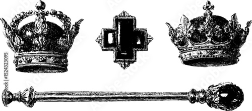 Engraved illustration set featuring crown jewels, orbs, and scepters for historical design