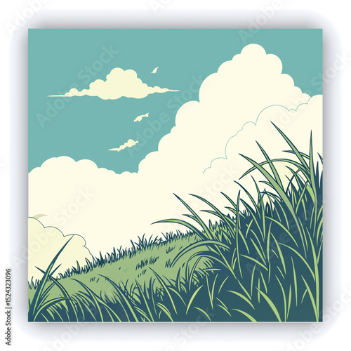 A vast landscape of a field of tall, vibrant green grass stretches across the horizontal middle ground.  A vibrant, clear blue sky fills the upper portion of the image, dotted with large, fluffy, whit
