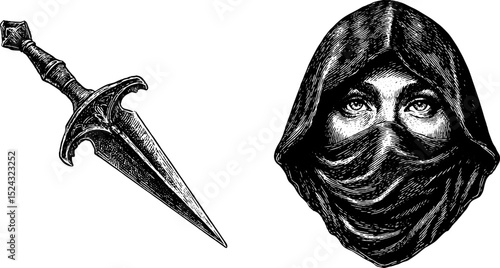 Intricate engraving of dark elf and dagger concept for fantasy design