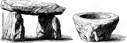 Engraved dolmen and stone slab illustration set for historical design concepts