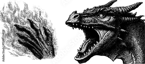 Mythical dragon and fiery breath engraving for fantasy design