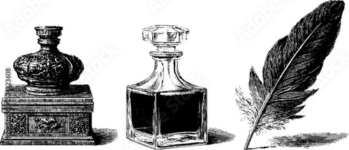 Vintage engraved set with enamel snuff box, perfume bottle, and quill feather for antique art design