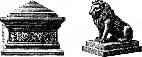 Detailed engraved illustrations of etruscan sarcophagi with ornamental lion sculpture design