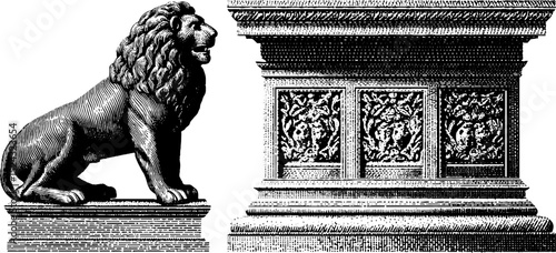 Etruscan sarcophagus set with engraved lion and decorative relief patterns