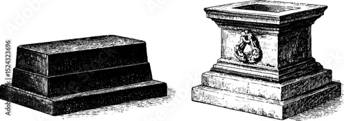 Historical engraving of execution devices and stone pedestal design