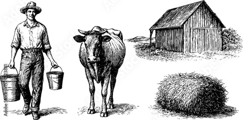 Vintage farm life illustration set featuring farmer, cow, barn, and haystack