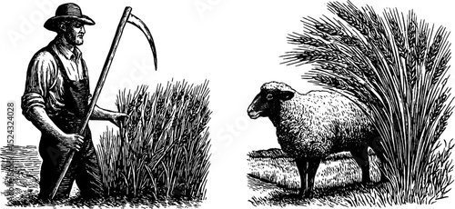 Vintage farming scene with farmer and scythe and grazing sheep engraving for rustic design