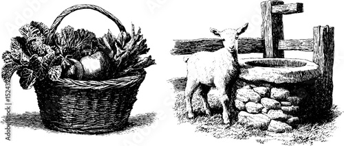 Vintage engraving of farmer's basket with vegetables and lamb by well scene
