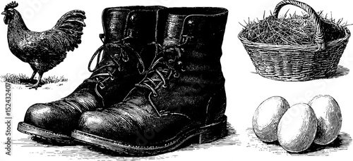 Rustic agriculture elements: engraved illustration of farmer's boots, hen, and farm produce
